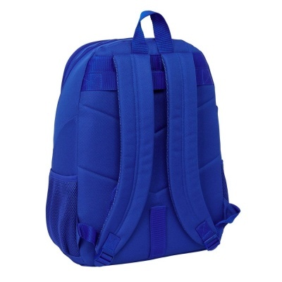 Mochila azul com alças almofadadas e bolso lateral em rede