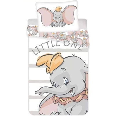 Jogo de cama infantil Dumbo com almofada e lençol estampados em tons cinza, rosa e bege