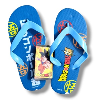 Chinelos azuis Dragon Ball Z com tiras azuis claras e símbolos coloridos