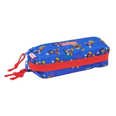 Estojo escolar azul com padrão do Mickey Mouse e zíperes vermelhos