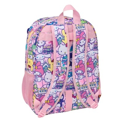 Mochila cor-de-rosa e lilás com padrão colorido de personagens animados e alças ajustáveis.