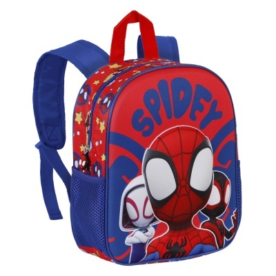 mochila infantil vermelha e azul com personagem Spidey e texto SPIDEY