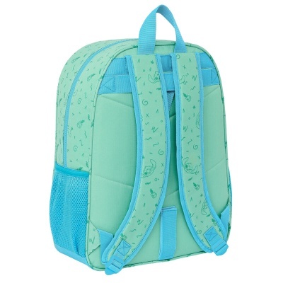 mochila azul claro e verde pastel com alças e bolsos laterais