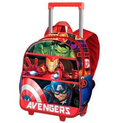 Mochila de rodinhas dos Avengers com personagens Hulk, Iron Man e Capitão América
