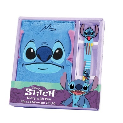 diário azul com rosto do Stitch e caneta com figura do Stitch, em embalagem roxa