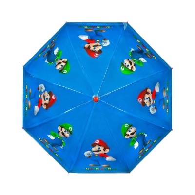 Guarda-chuva azul com figuras do Mario e Luigi