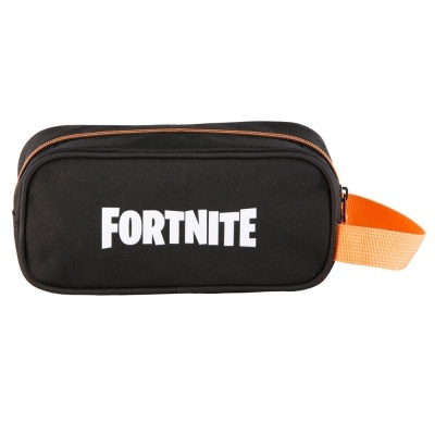 Estojo preto com fecho laranja e texto FORTNITE branco
