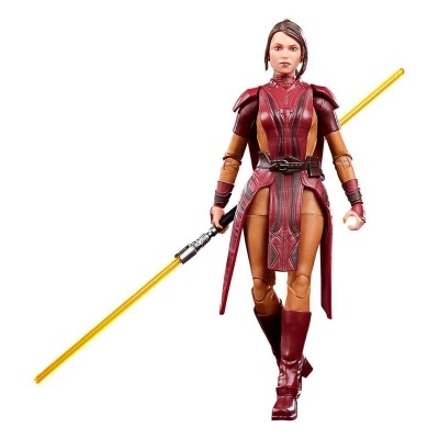 Figura de ação feminina com roupa tática e sabre de luz amarelo