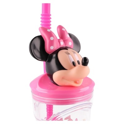 Copo transparente com tampa rosa e figura Minnie Mouse com laço rosa