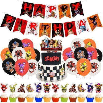 Decoração de festa Five Nights at Freddy's com balões, bolo e cupcakes temáticos