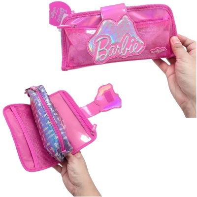 Estojo escolar rosa brilhante com logo Barbie e interior com divisórias