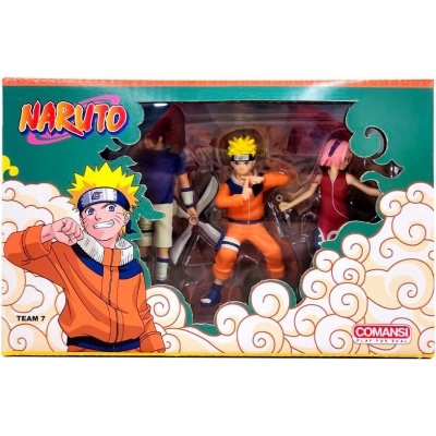 Conjunto de bonecos Naruto, Sasuke e Sakura em embalagem colorida com texto NARUTO e COMANSI