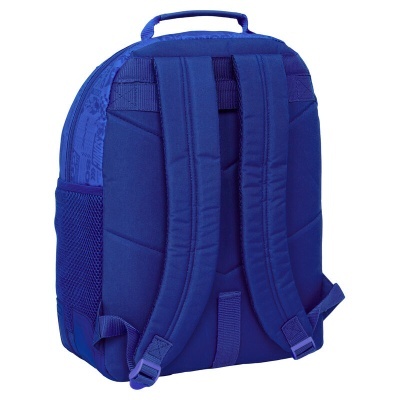 Mochila azul com alças acolchoadas e bolso lateral em rede