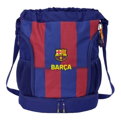 Mochila desportiva azul e vermelha com logótipo e texto FCB Barça em amarelo