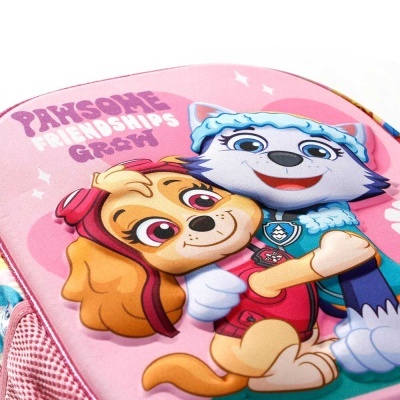Mochila infantil rosa com cães animados e texto PAWSOME FRIENDSHIPS GROW