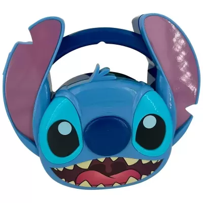 Mala azul com forma da personagem Stitch e asas rosa