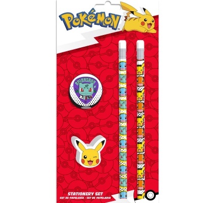 Conjunto de papelaria Pokémon com canetas, borracha e apontador, fundo vermelho e logótipo Pokémon
