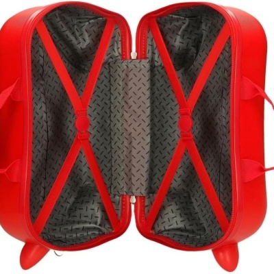 Mala vermelha aberta com interior cinza texturizado e cintas cruzadas.