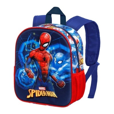Mochila infantil Spider-Man azul e vermelha com alças acolchoadas e bolsos laterais de rede