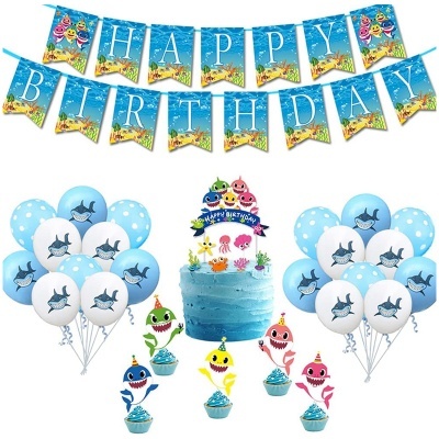 Decoração de festa aniversário Baby Shark com faixa, balões, bolo e toppers para cupcakes