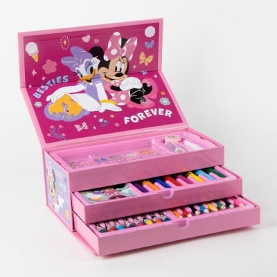 Estojo de arte cor-de-rosa com ilustrações da Minnie e Margarida e texto BESTIES FOREVER