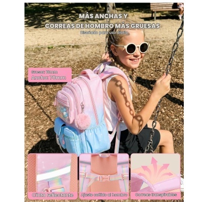 Mochila escolar cor-de-rosa e azul claro com alças largas e detalhes refletivos