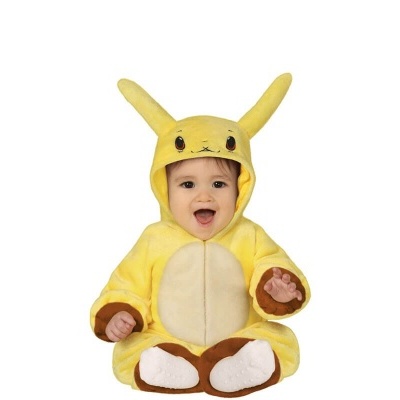 Bebé vestido com fato amarelo macio e capuz com orelhas grandes