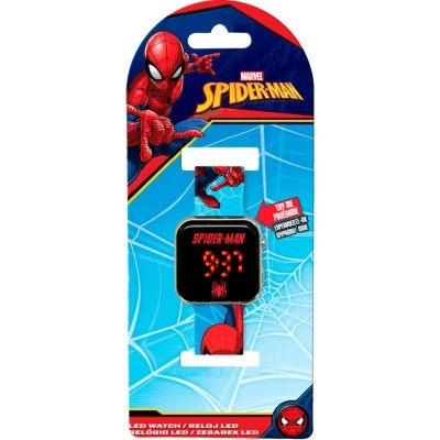 Relógio LED digital infantil com tema Spiderman e embalagem azul com teias