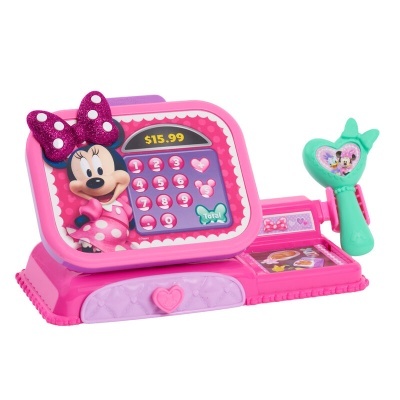 Caixa registadora infantil rosa com imagem da Minnie e scanner verde com coração