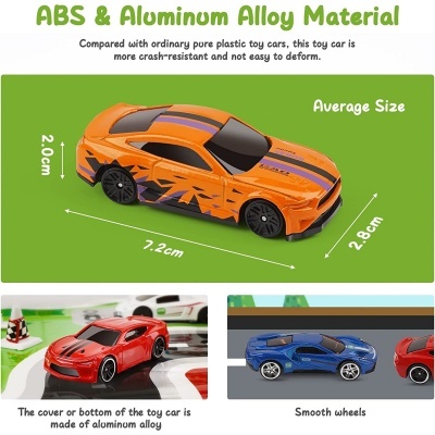 Carro de brinquedo laranja com detalhes pretos, em ABS e liga de alumínio, com dimensões indicadas