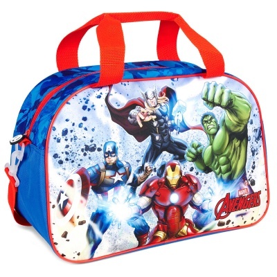 Bolsa infantil Marvel Avengers com super-heróis em azul, vermelho e branco