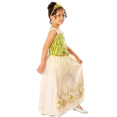Criança vestida com vestido de princesa verde e bege, usando coroa amarela, fundo branco.