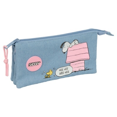 Estojo azul claro com desenho do Snoopy e Woodstock e fecho rosa