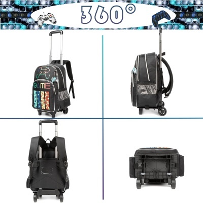mochila escolar preta com rodas e padrão colorido mostrada em 360 graus