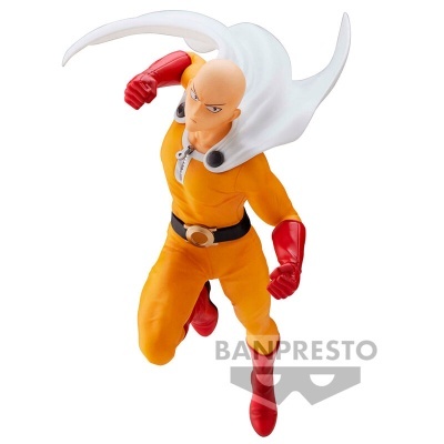 Figura de ação de personagem careca com fato laranja e capa branca