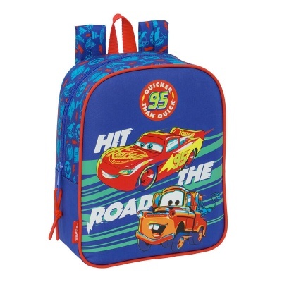 Mochila azul para crianças com desenhos dos personagens do filme Cars e texto colorido.