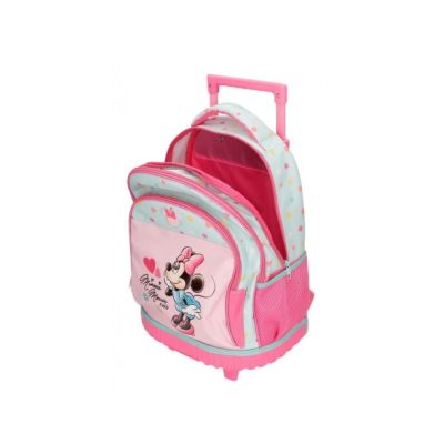 Mochila de rodas infantil rosa e azul com estampa da Minnie Mouse