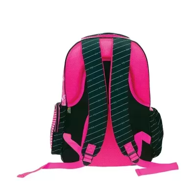 Mochila preta e rosa vista de costas sobre fundo branco