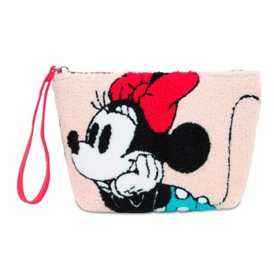 Necessaire de tecido com imagem da Minnie e fecho de correr vermelho