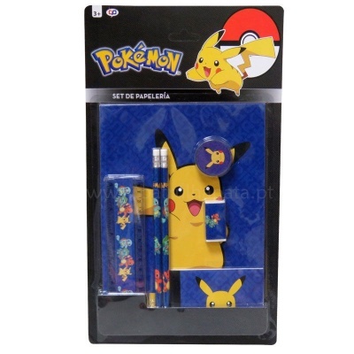 Conjunto de papelaria Pokémon azul com Pikachu em embalagem preta