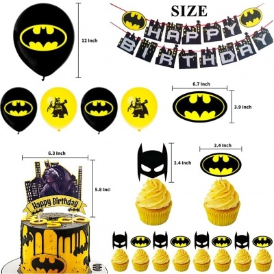 Decoração de festa Batman com balões, faixa, bolo e toppers para cupcakes.