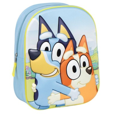 mochila infantil azul com personagens animados Bluey e Bingo