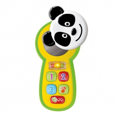 Brinquedo plástico colorido em forma de telefone com rosto de panda e botões numerados