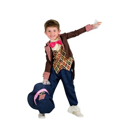 Fato infantil colorido com casaco castanho e colete estampado, calças azuis às riscas e chapéu azul