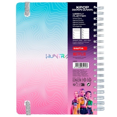 Capa de agenda escolar K-POP DEMON HUNTERS com gradiente azul e rosa e personagens animados