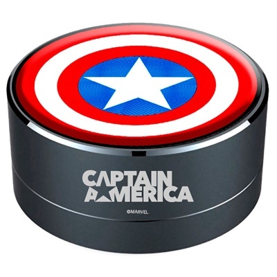 Caixa redonda preta com escudo do Captain America na tampa e texto CAPTAIN AMERICA na lateral