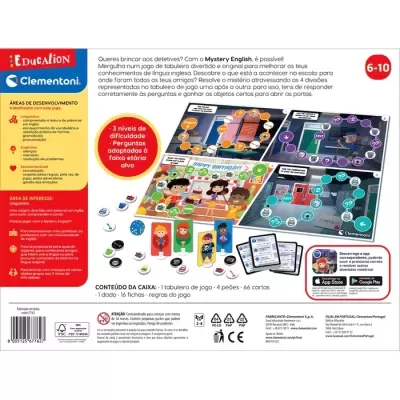 Caixa de jogo de tabuleiro Mystery English com componentes coloridos e instruções em português.