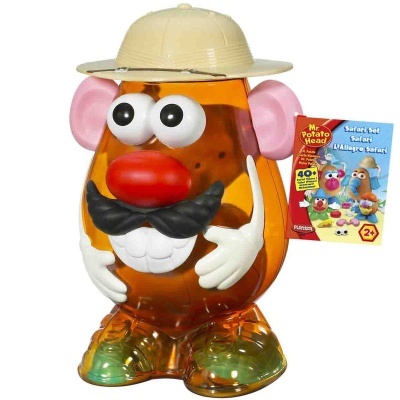 Boneco Mr. Potato Head em plástico transparente com acessórios e embalagem colorida