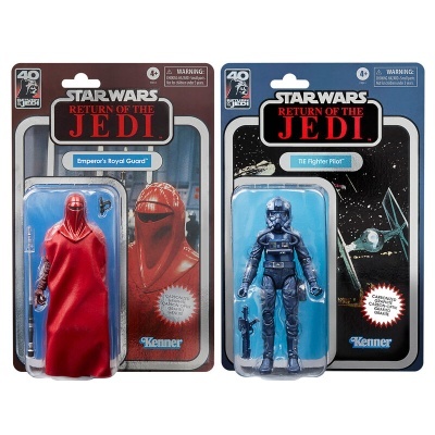 Figuras de ação Star Wars Emperor's Royal Guard e TIE Fighter Pilot em embalagens retro