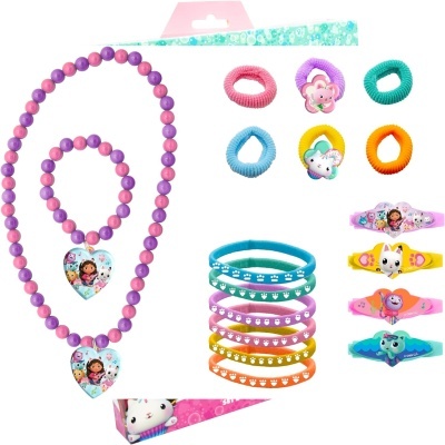 Conjunto infantil de bijuterias e acessórios coloridos com colares, pulseiras e elásticos de cabelo